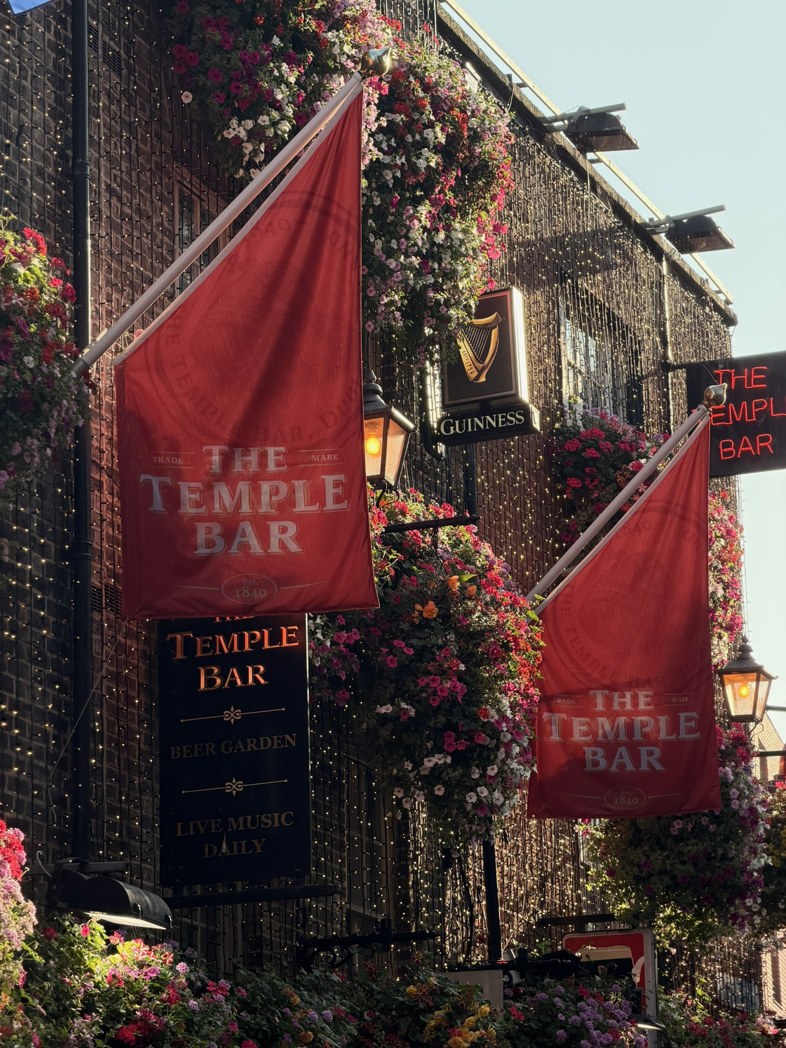 ein Gebäude im Sonnenschein mit vielen, üppigen Pflanzen an den Fenstern, einem Guiness Werbeschild an der Wand und zwei Roten Flaggen mit der Aufschrift: "Temple Bar"